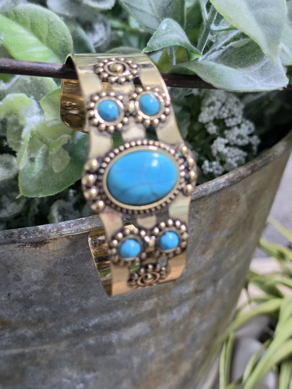 Boho Gold Tone Turquoise Cuff Bracelet Western Southwestern Open Bangle